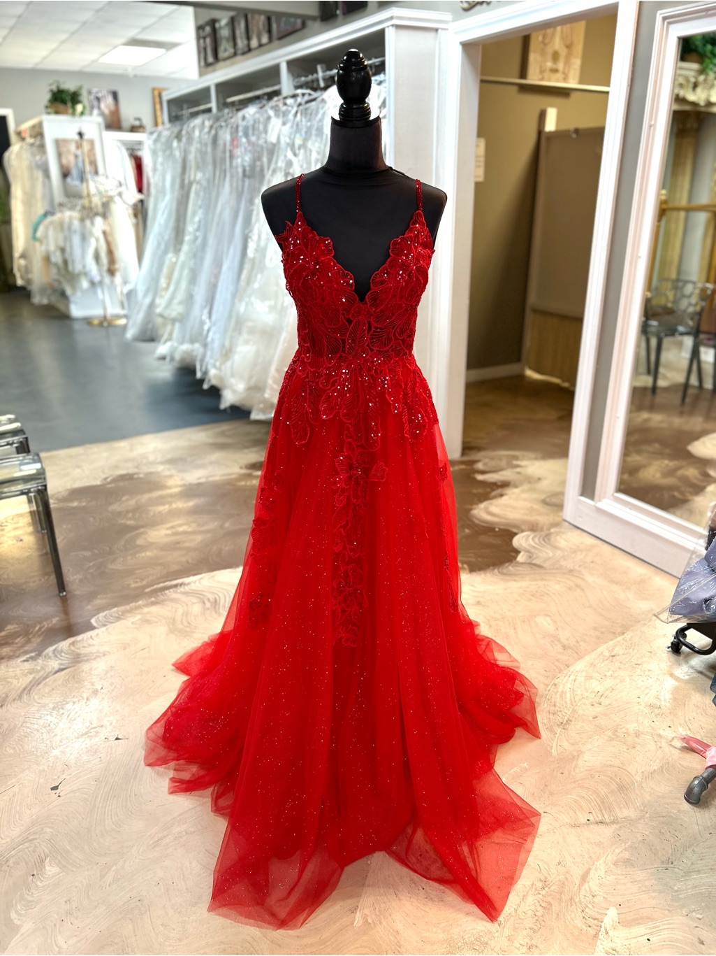Red Beaded V-Neck Tulle Prom Dress